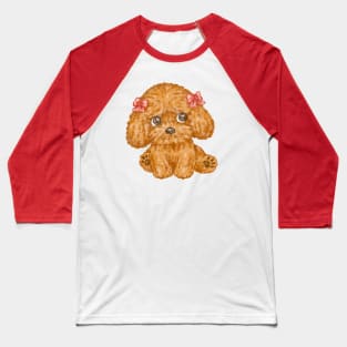 Toy poodle wearing a ribbon looks up Baseball T-Shirt